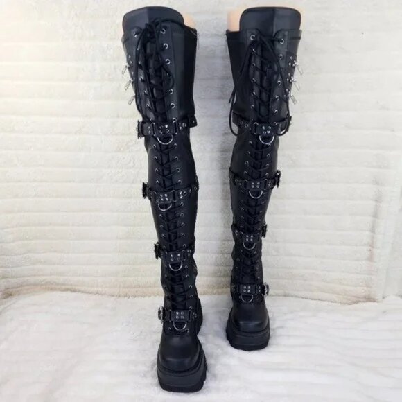 Shaker 420 Black sTRETCH 4.5" Wedge Heel OTK Thigh Boots Skulls Zippers NY DEMON - Picture 2 of 16